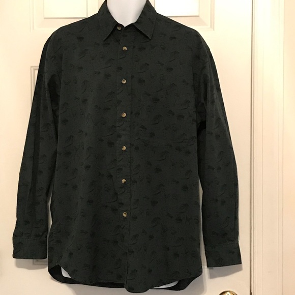 Deep green fly fishing print cotton button down - Picture 4 of 5